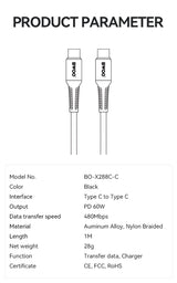 USB-C to USB-C Fast Charging Cable PD 60W Nylon 1M