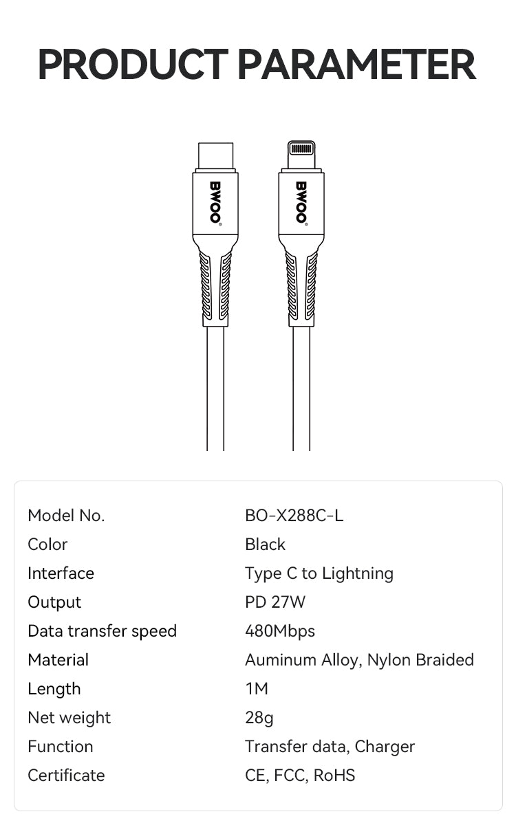 USB-C to Lightning Fast Charging Cable PD 27W Nylon 1M