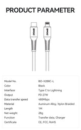 USB-C to Lightning Fast Charging Cable PD 27W Nylon 1M